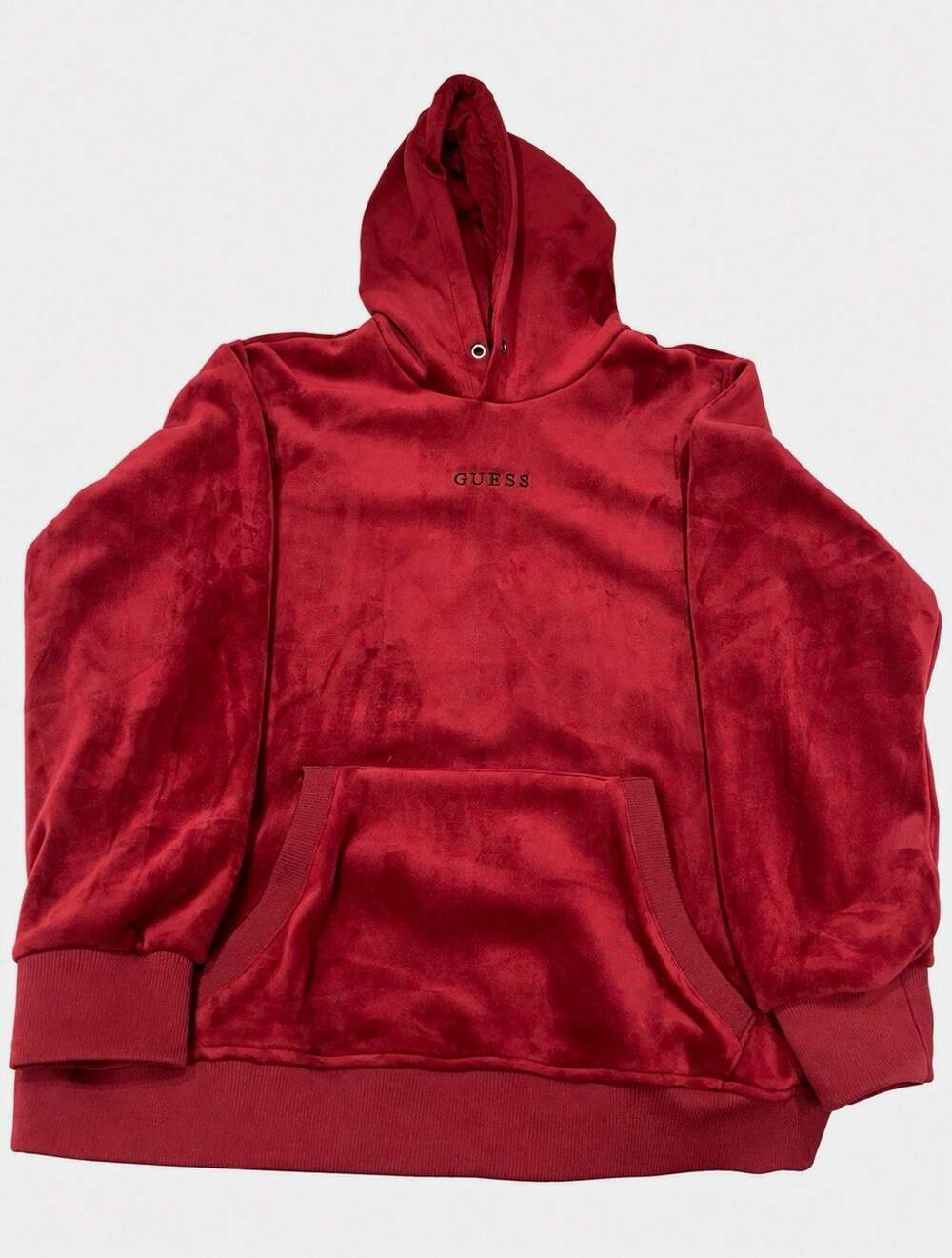 GUESS Men's XXL Bonded Velvet Hoodie Burgundy Pullover Logo Missing Drawstring
